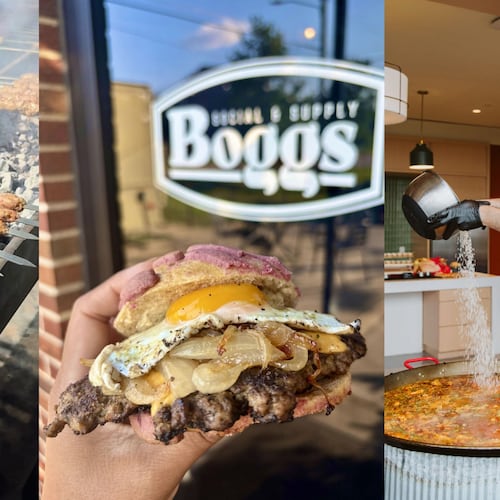 A triptych of vertical photos, from left: Skewers of meat cooking over a charcoal grill, a sandwich held in front of the Bogos restaurant sign and a man in an apron pours rice into a gigantic pot of food.
