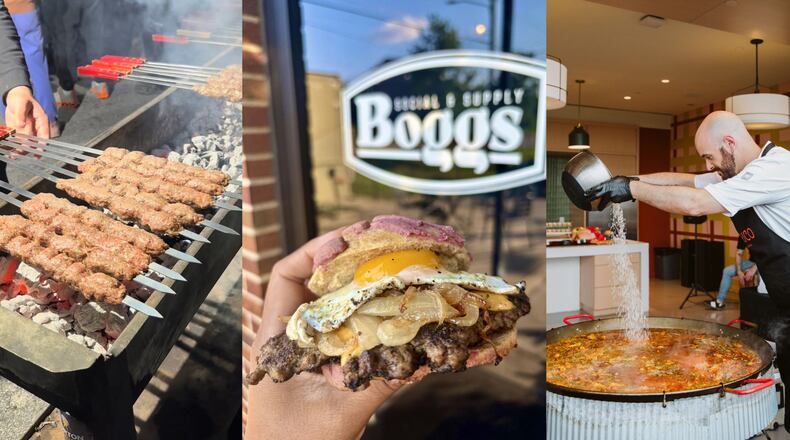 A triptych of vertical photos, from left: Skewers of meat cooking over a charcoal grill, a sandwich held in front of the Bogos restaurant sign and a man in an apron pours rice into a gigantic pot of food.
