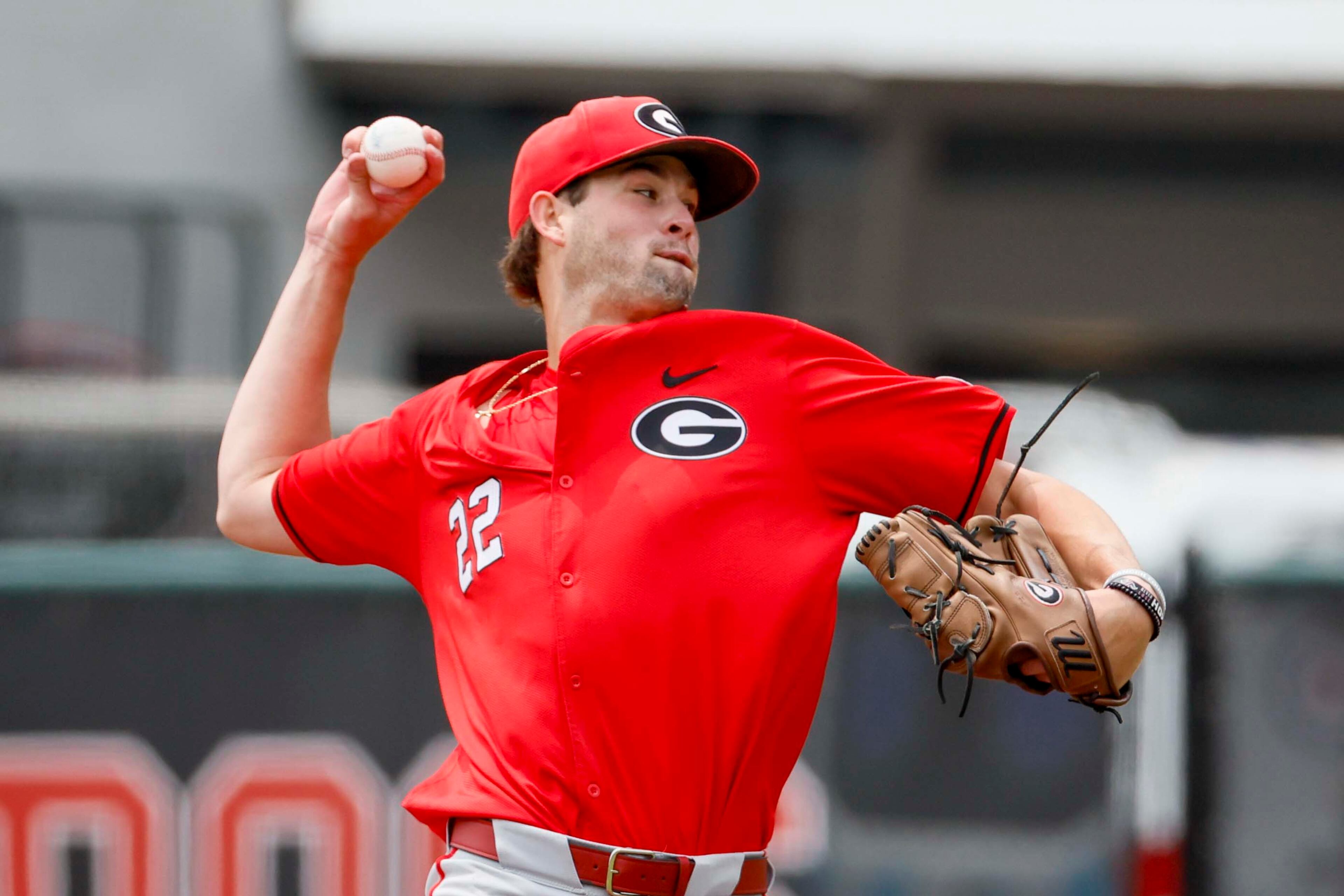 Georgia starting pitcher JT Quinn 22 delivers to an Oklahoma State batter during the second inning in their NCAA Regional game at Foley Field,  Sunday, June 1, 2025, in Athens, Ga.
(Miguel Martinez/ AJC)