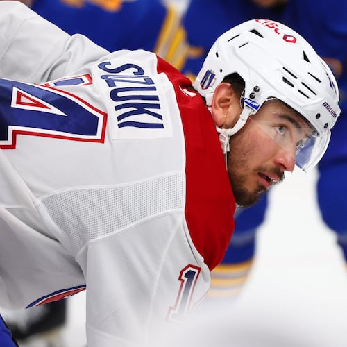 Montreal Canadiens center Nick Suzuki lines up for a face-off during the second period in Game 5 of a second-round NHL hockey Stanley Cup playoff series against the Buffalo Sabres, Thursday, May 14, 2026, in Buffalo, N.Y. (AP Photo/Jeffrey T. Barnes)