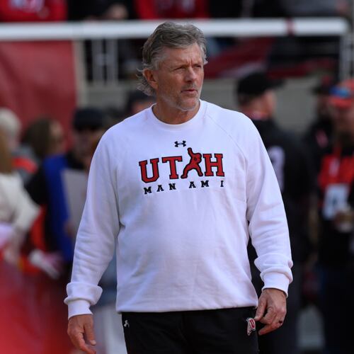 Utah head coach Kyle Whittingham before an NCAA college football game between Utah and Kansas State, Saturday, Nov. 22, 2025, in Salt Lake City. (AP Photo/Tyler Tate)