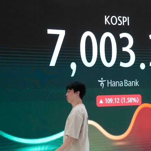 A screen shows the Korea Composite Stock Price Index (KOSPI) in the foreign exchange dealing room at the Hana Bank headquarters in Seoul, South Korea, Monday, Sept. 21, 2026. (AP Photo/Ahn Young-joon)