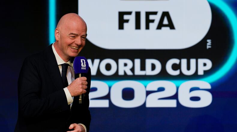FILE - FIFA President Gianni Infantino speaks during the match schedule reveal for the 2026 soccer World Cup in Washington, Saturday, Dec. 6, 2025. (AP Photo/Chris Carlson, File)