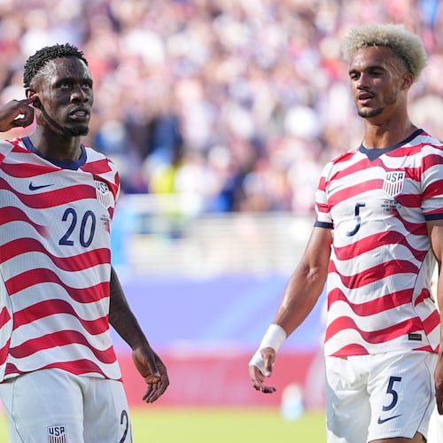 United States' Folarin Balogun (20) reacts after scoring his team's first goal during the World Cup round of 32 soccer match between the United States and Bosnia in Santa Clara, Calif., near San Francisco, Wednesday, July 1, 2026. (AP Photo/Julio Cortez)
