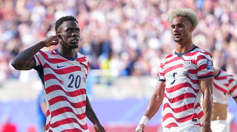 United States' Folarin Balogun (20) reacts after scoring his team's first goal during the World Cup round of 32 soccer match between the United States and Bosnia in Santa Clara, Calif., near San Francisco, Wednesday, July 1, 2026. (AP Photo/Julio Cortez)