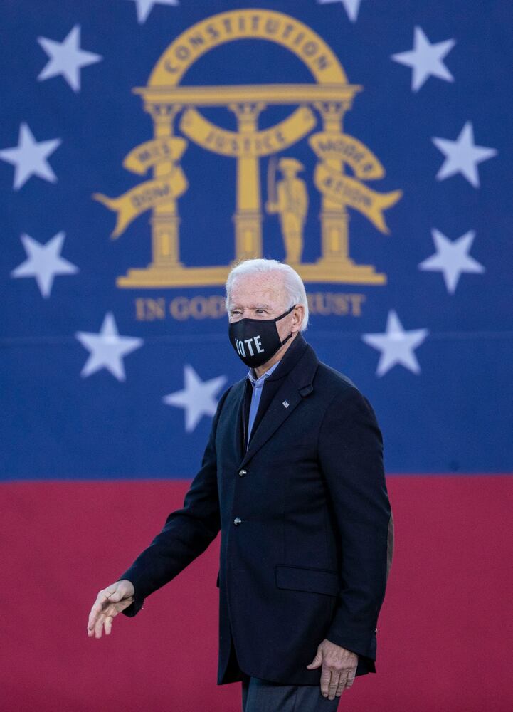 01/04/2021 — Atlanta, Georgia — President-elect Joe Biden makes remarks during a campaign rally for U.S. Senate Democrat candidates Rev. Raphael Warnock and Jon Ossoff in Atlanta’s Summerhill neighborhood, Monday, January 4, 2021. (Alyssa Pointer / Alyssa.Pointer@ajc.com)