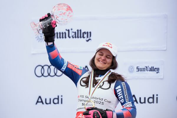 Croatia's Zrinka Ljutic reacts on the podium after winning the women's World Cup slalom season title at the World Cup Finals, Thursday, March 27, 2025, in Sun Valley, Idaho. (AP Photo/Robert F. Bukaty)