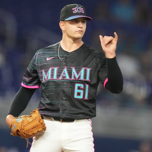 Miami Marlins starting pitcher Robby Snelling gestures during the first inning of a baseball game against the Washington Nationals, Friday, May 8, 2026, in Miami. (AP Photo/Lynne Sladky)