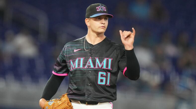 Miami Marlins starting pitcher Robby Snelling gestures during the first inning of a baseball game against the Washington Nationals, Friday, May 8, 2026, in Miami. (AP Photo/Lynne Sladky)
