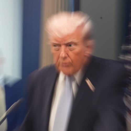 A zoom lens and slow shutter speed technique shows President Donald Trump speaking with reporters in the James Brady Press Briefing Room at the White House, Monday, April 6, 2026, in Washington.(AP Photo/Alex Brandon)