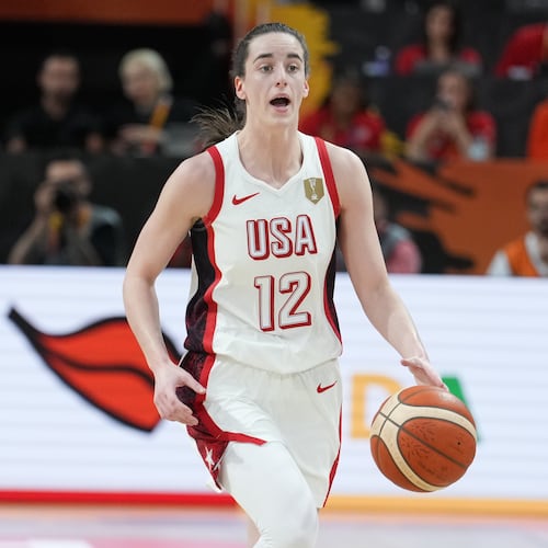 United States' Caitlin Clark dribbles during the Women's Basketball World Cup match between China and the United States in Berlin, Friday, Sept. 4, 2026. (AP Photo/Ebrahim Noroozi)