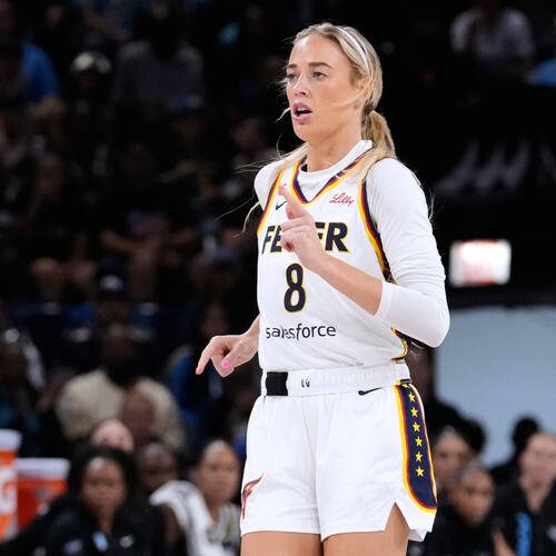 Indiana Fever guard Sophie Cunningham runs on the court during the first half of a WNBA basketball game against the Chicago Sky, Sunday, Aug. 23, 2026, in Chicago. (AP Photo/Nam Y. Huh)