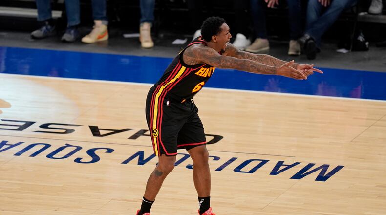 Atlanta Hawks' Lou Williams reacts to a call during the second half of Game 1 of first-round playoff series against the New York Knicks, Sunday, May 23, 2021, in New York. (Seth Wenig/AP)