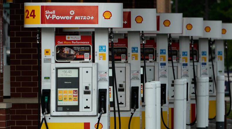 Gas pumps are seen at a gas station in Buffalo Grove, Thursday, June 25, 2026. (AP Photo/Nam Y. Huh)