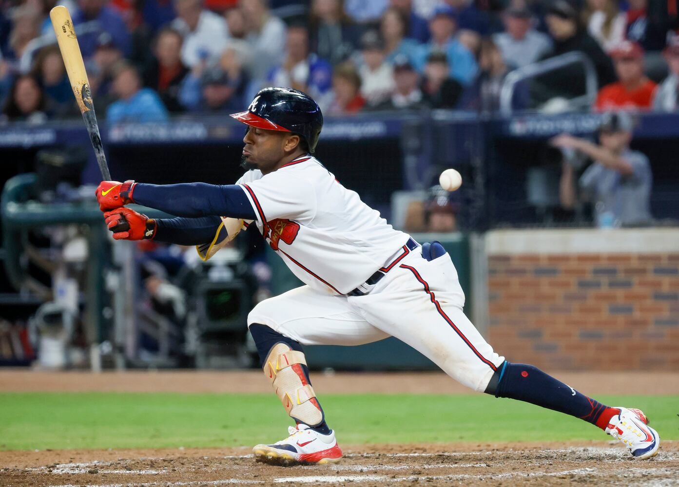 Atlanta Braves’ Ozzie Albies (1) fouls a pitch during the fourth inning of the NLDS Game 2 in Atlanta on Monday, Oct. 9, 2023.   (Miguel Martinez / Miguel.Martinezjimenez@ajc.com)
