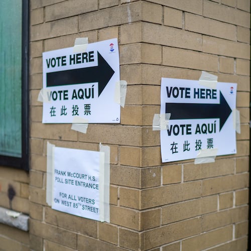 Voting signs are displayed outside a polling station on Election Day during New York’s primary election on Tuesday, June 23, 2026, in New York. (AP Photo/Ryan Murphy)