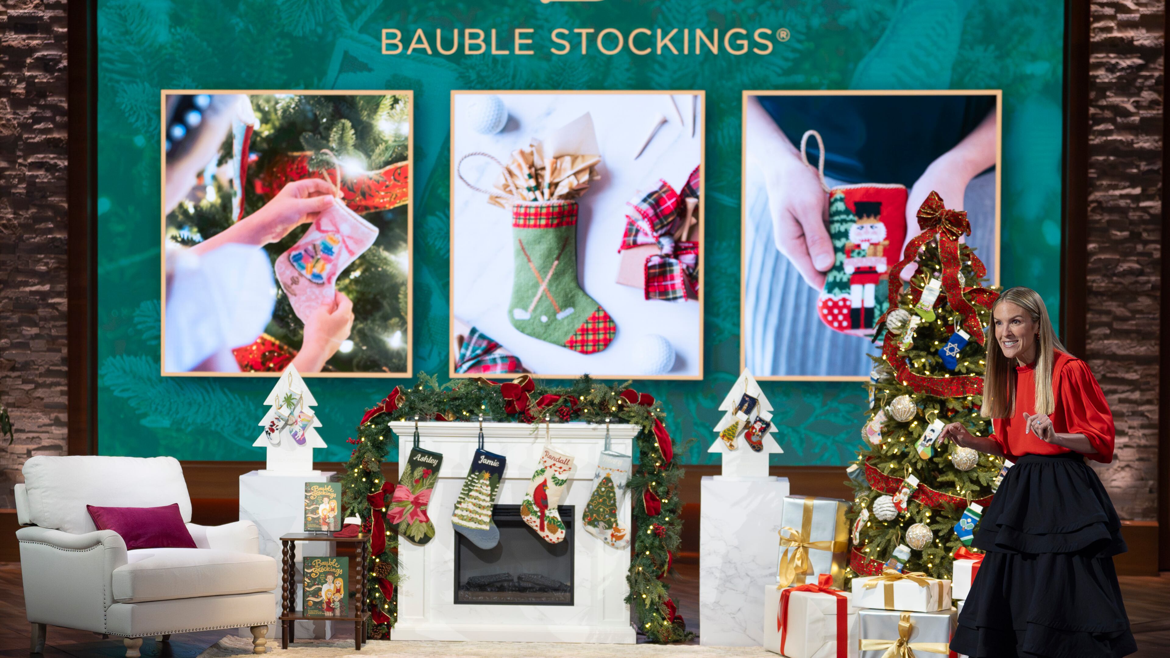 A holiday-themed "Shark Tank" episode on Dec. 10, 2025, features Sandy Springs entrepreneur Kate Stice Stewart and her Bauble Stockings. (Disney/Christopher Willard)