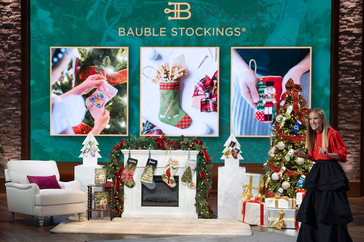A holiday-themed "Shark Tank" episode on Dec. 10, 2025, features Sandy Springs entrepreneur Kate Stice Stewart and her Bauble Stockings. (Disney/Christopher Willard)