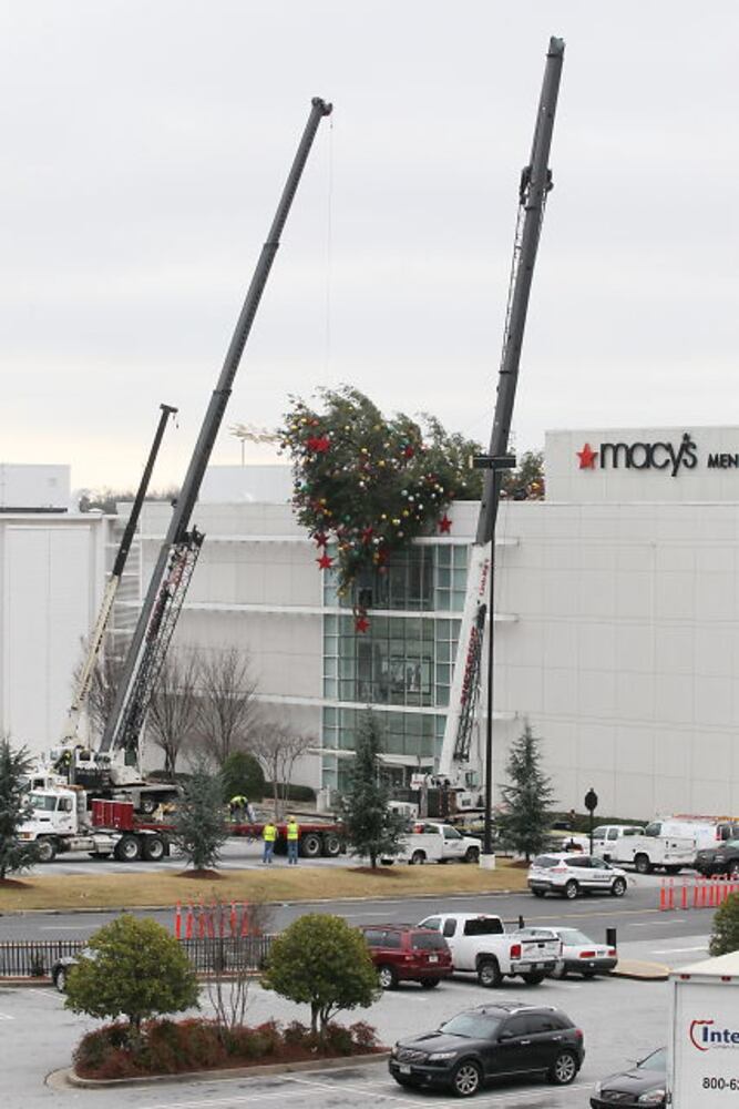 Crane buckles, leaving Christmas tree hanging off roof