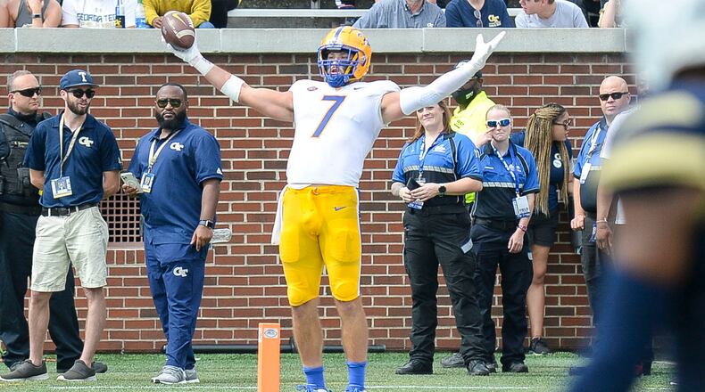 Pittsburgh tight end Lucas Krull reacts after scoring a touchdown in the Panthers' 52-21 victory over Georgia Tech in Atlanta Oct. 2, 2021.