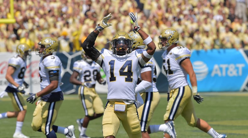September 9, 2017 Atlanta - Georgia Tech defensive back Corey Griffin (14) reacts after an interception in the second half of the Georgia Tech home opener at Bobby Dodd Stadium on Saturday, September 9, 2017. Georgia Tech won 37-10 over the Jacksonville State. (HYOSUB SHIN / HSHIN@AJC.COM)