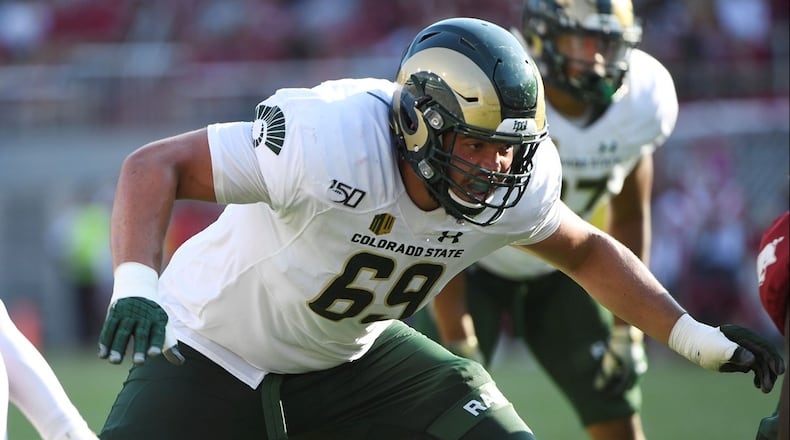 Colorado State offensive lineman Barry Wesley sets up to block against Arkansas during an NCAA football game on Saturday, Sept. 14, 2019 in Fayetteville, Ark. (AP Photo/Michael Woods)