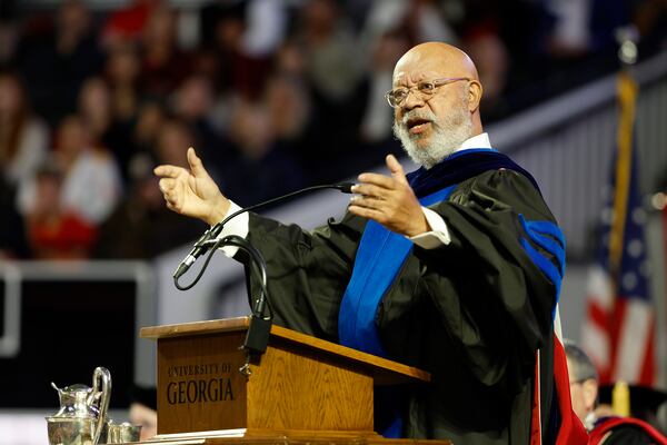 Harold A. Black, one of the first three Black students to enter the University of Georgia as freshmen, delivers the keynote address at the fall 2023 commencement. (Courtesy of Peter Frey/UGA)