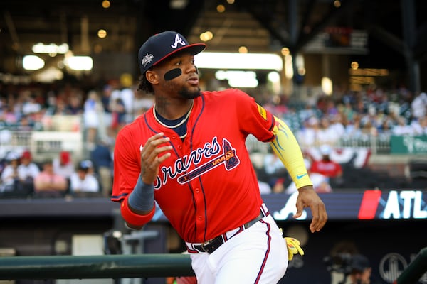 Returning from an injury that kept him off the field for nearly a full year, Braves right fielder Ronald Acuña Jr. prepares to take on the San Diego Padres at Truist Park on Friday, May 23, 2025, in Atlanta. (Jason Getz/AJC)