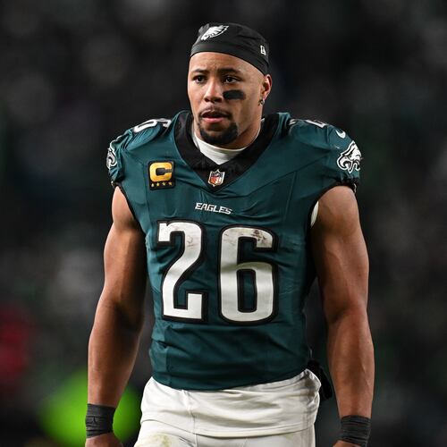 FILE - Philadelphia Eagles running back Saquon Barkley (26) walks off the field during halftime or an NFL wild card playoff football game against the San Francisco 49ers, Sunday, Jan. 11, 2026, in Philadelphia. (AP Photo/Terrance Williams, File)