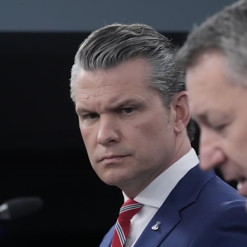 Defense Secretary Pete Hegseth and Chairman of the Joint Chiefs of Staff Gen. Dan Caine speak to members of the media during a press briefing at the Pentagon in Washington, Tuesday, May 5, 2026. (AP Photo/Manuel Balce Ceneta)