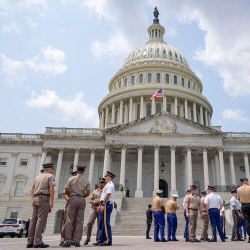 Members of the military stand outside of the U.S Capitol to practice for Sen. Lindsey Graham, R-S.C., is funeral ceremony, Monday, July 27, 2026, in Washington. (AP Photo/Mariam Zuhaib)