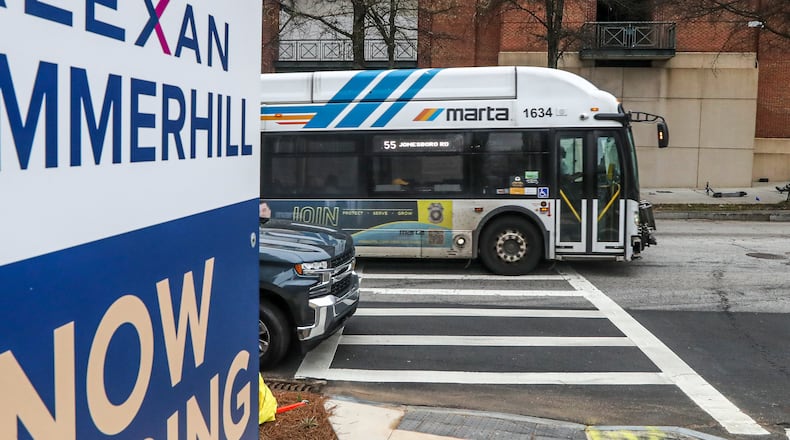 March 1, 2023 Atlanta: A MARTA bus travels down Hank Aaron Blvd near Center Parc Credit Union Stadium after MARTA announced it will prioritize nine projects as it reshuffles its plans for expanding transit in Atlanta on Wednesday, March 1, 2023. Over the next five years, MARTA will build six new transit lines and rehabilitate or build three transit stations with proceeds from a half-penny sales tax approved by Atlanta voters in 2016. Among the projects that will advance are the Summerhill, Campebellton Road and Clifton Corridor bus rapid transit lines; an extension of the Atlanta streetcar to Ponce City Market; the reconstruction of Five Points station and a platform extension at Bankhead station. (John Spink / John.Spink@ajc.com)