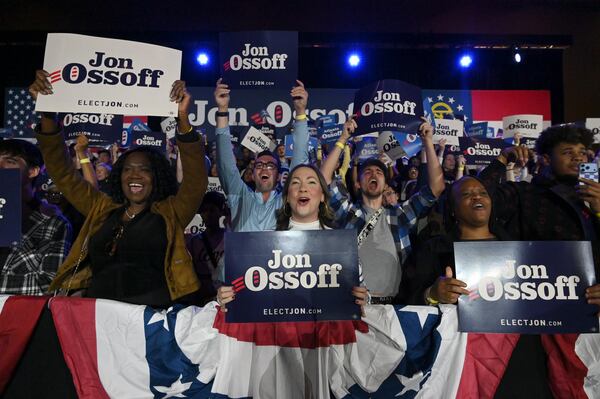 Supporters cheered U.S. Sen. Jon Ossoff at a recent rally in College Park. (Hyosub Shin/AJC)
