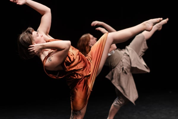 Staibdance artists Faith Fidgeon and Lilia Cardosi rehearse "Between Dog and Wolf," a work that aims to reconcile opposing viewpoints within a polarized world. (Courtesy of Christina Massad)