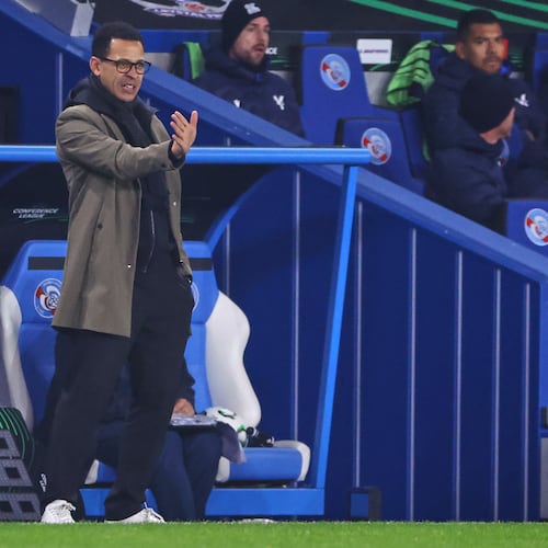 FILE -Strasbourg's head coach Liam Rosenior gestures from the touchline during the Europa Conference League opening phase soccer match between Strasbourg and Crystal Palace in Strasbourg, France, Nov. 27, 2025. (AP Photo/Antonin Utz, File)