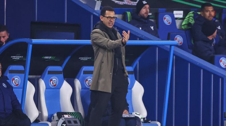 FILE -Strasbourg's head coach Liam Rosenior gestures from the touchline during the Europa Conference League opening phase soccer match between Strasbourg and Crystal Palace in Strasbourg, France, Nov. 27, 2025. (AP Photo/Antonin Utz, File)