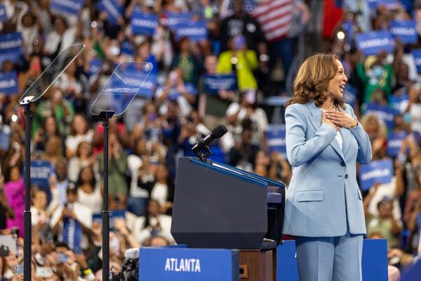 Vice President Kamala Harris entering the Georgia State University Convocation Center for Tuesday's rally.
