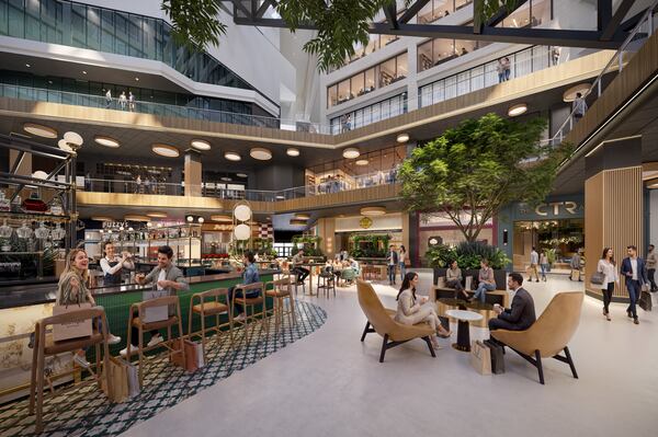 This is a rendering of CTR Food Works, the central dining and gathering atrium that's part of the former CNN Center's redevelopment as The Center. It's set to open to the public June 12, 2026. (Courtesy of TVS/CP Group)
