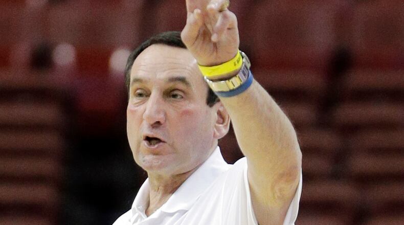 Duke head coach Mike Krzyzewski signals during practice for a second-round game of the NCAA college basketball tournament, Thursday, March 21, 2013, in Philadelphia.
