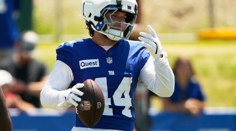 New York Giants running back Cam Skattebo practices during an NFL football training camp, Friday, July 31, 2026, in White Sulphur Springs, W.Va. (AP Photo/Chris Carlson)