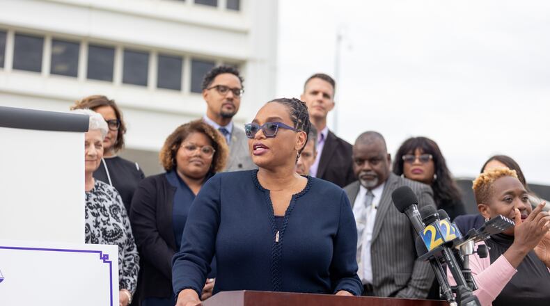 Allegra Lawrence-Hardy, an attorney for Fair Fight Action, speaks outside the Richard B. Russell Federal Building in Atlanta, GA., on Monday, April 11, 2022. Today marked the first day of the long awaited Fair Fight Action v. Raffensperger trial. (Photo/Jenn Finch)
