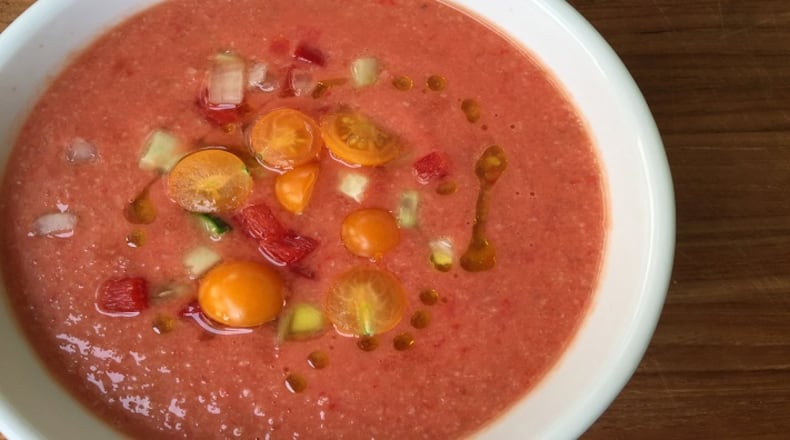 Gazpacho is so good at the end of summertime, with or without fancy garnishes (or vodka!). (Bethany Jean Clement/The Seattle Times/TNS)