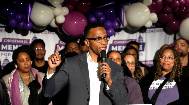 Texas Congressional Candidate Christian Menefee speaks to supporters during his watch party at The Post Houston on Election Day, in Houston, Saturday, Jan. 31, 2026. (AP Photo/ Karen Warren)