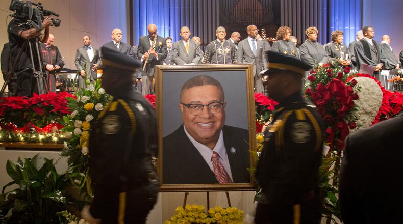 Dignitaries file passed a large portrait of Ivory Lee Young Jr. at the start of his funeral service  in the Martin Luther King Jr. International Chapel on Morehouse College campus on Dec. 1, 2018. The four-term city councilman from west Atlanta, longtime architect, ordained minister and family man, died Nov. 16, 2018 from cancer at age 56.STEVE SCHAEFER / SPECIAL TO THE AJC