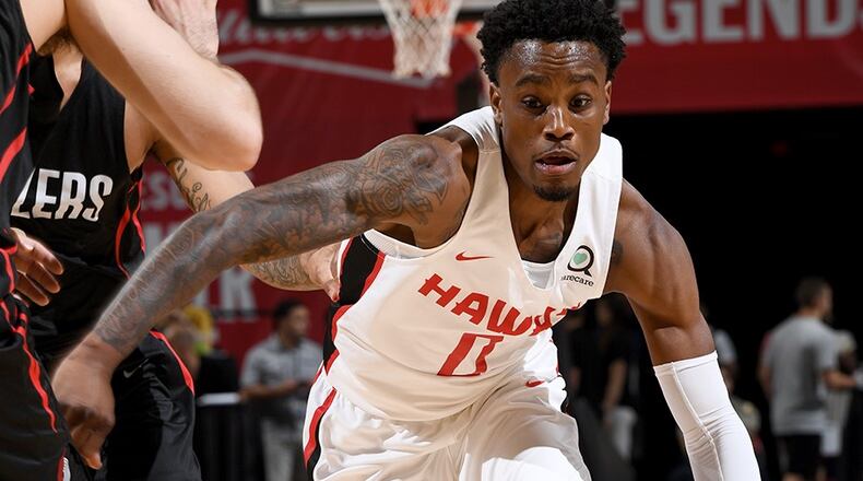 Antonius Cleveland of the Atlanta Hawks handles the ball against the Portland Trail Blazers during the 2018 Las Vegas Summer League on July 8, 2018 at the Thomas & Mack Center in Las Vegas, Nevada.