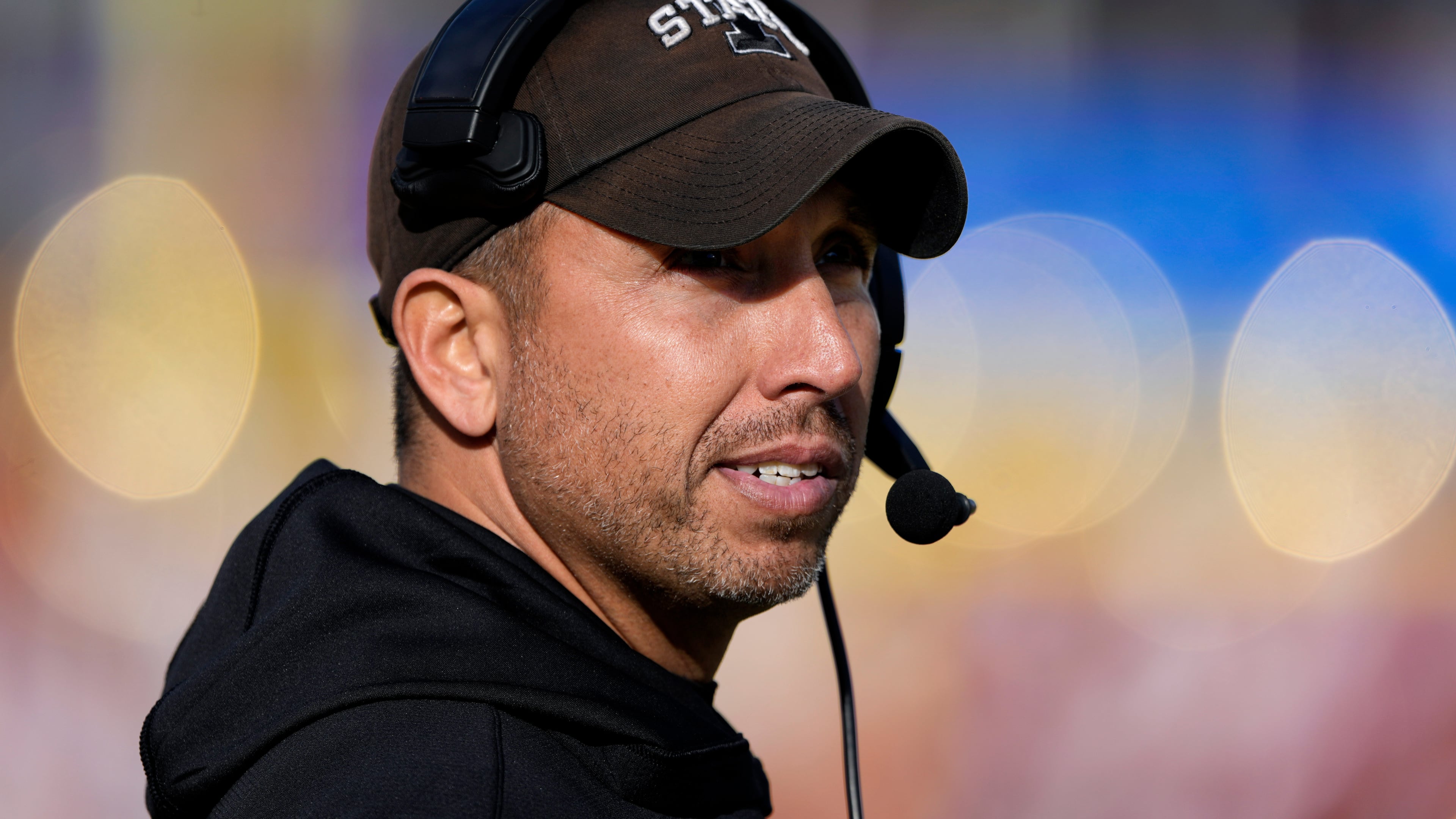Iowa State head coach Matt Campbell looks to the scoreboard during the second half of an NCAA college football game against Kansas, Saturday, Nov. 22, 2025, in Ames, Iowa. Iowa State won 38-14. (AP Photo/Matthew Putney)