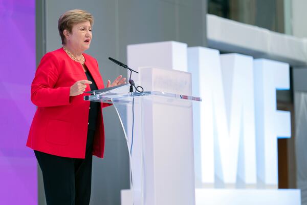 International Monetary Fund (IMF) Managing Director Kristalina Georgieva speaks at the forum Tokenization and the Financial System during the World Bank/IMF Spring Meetings at the International Monetary Fund (IMF) headquarters in Washington, Wednesday, April 23, 2025. (AP Photo/Jose Luis Magana)
