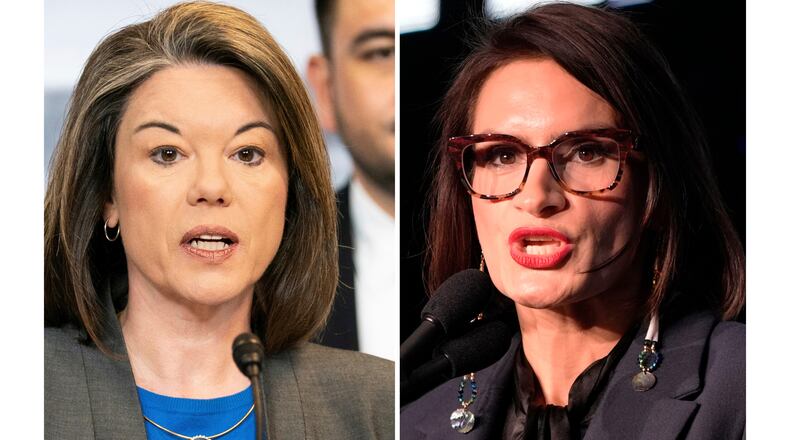 FILE - This photo combination shows Rep. Angie Craig, D-Minn., left, Jan. 15, 2026, in Washington and Minnesota Lt. Gov. Peggy Flanagan, Nov. 5, 2024, in St. Paul, Minn. (AP Photo/Allison Robbert, Abbie Parr, file)