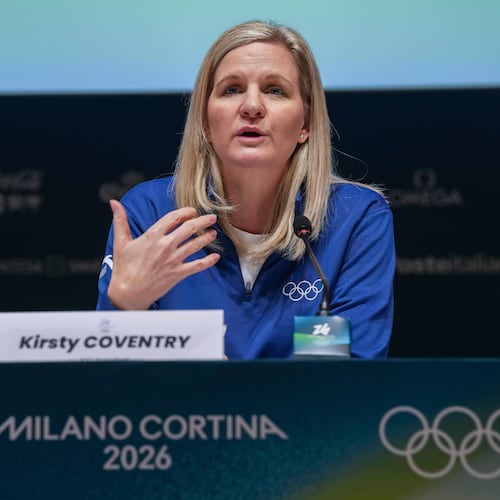 Olympic Committee President Kirsty Coventry meets the media in Milan, Italy, Sunday, Feb. 1, 2026. (Claudio Furlan/LaPresse via AP)
