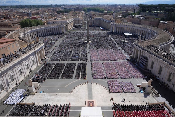 A view of the funeral of Pope Francis in St. Peter's Square at the Vatican, Saturday, April 26, 2025. (AP Photo/Alessandra Tarantino)
